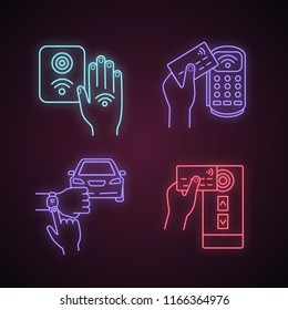 NFC technology neon light icons set. Near field reader, payment terminal, car and bracelet, access control. Glowing signs. Vector isolated illustrations