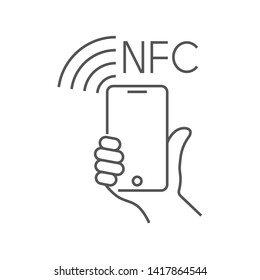 NFC technology payment, vector ounline icon. Hand and Smartphone. Contacless, wireless payment with credit plastic card, smartphone, POS terminal. Mobile pay sign. Editable Stroke. EPS 10