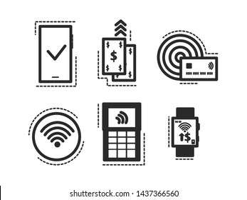 NFC technology payment vector outline icon. Wireless payment with credit plastic card, smartphone, smartwatch, POS terminal