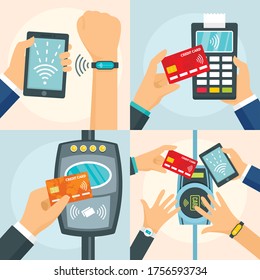 Conjunto de banners de procesos de tecnología Nfc. Ilustración plana del conjunto de banners vectoriales de procesos de tecnología nfc para diseño web