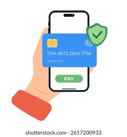 NFC technology secure payment vector illustration featuring a credit card and shield on smartphone screen for contactless transactions, online banking, and mobile shopping safety.

