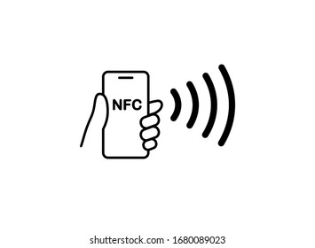 NFC technology vector icon. Hand holding Phone, Smartphone, wawe simple line outline  sign. Near Field Communication nfc payment concept. Flat design isolated on white. svg