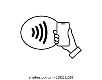 NFC technology vector icon. Hand holding Phone, Smartphone, wawe simple line outline  sign. Near Field Communication nfc payment concept. Flat design isolated on white. svg