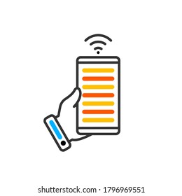 NFC technology vector icon. Hand handing Phone, Smartphone, wave simple line outline sign. Vector color icon.