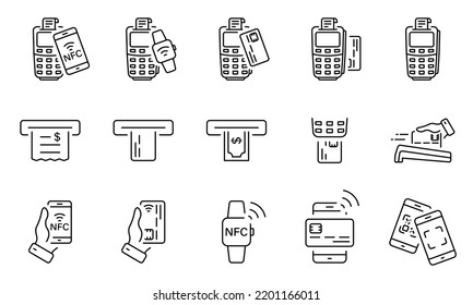 NFC-Technologie Wireless Payment on Terminal Line Icon Set. POS Pay-Transaktion per Mobiltelefon, Smart Watch, Kreditkarten-Piktogramm. Geldentzug des Geldautomaten. Bearbeitbarer Stroke. Einzelne Vektorgrafik.