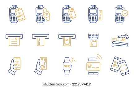 NFC Technology Wireless Payment on Terminal Line Icon Set. Transacción de pago POS por teléfono móvil, Smart Watch, Pictograma de tarjeta de crédito. Retirada de dinero de cajero automático. Stroke editable. Ilustración de vectores aislados.