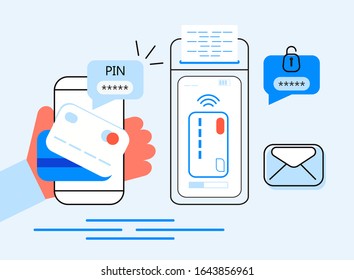 NFC terminal concept vector. Customer enter pin and make contactless or wireless purchase. NFC payments by bank credit card. POS terminal confirms e-payment using smartphone. Online banking service.