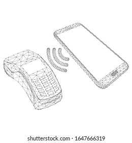 NFC Terminal, kontaktlose Zahlung per Telefon aus abstrakten futuristischen polygonal schwarzen Linien und Punkte. Vektorillustration.