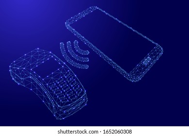 NFC Terminal, kontaktlose Zahlung per Telefon von futuristischen polygonal blauen Linien und leuchtende Sterne für Banner, Poster, Grußkarte. Vektorillustration.