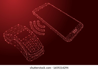 Terminal NFC, pago sin contacto por teléfono de líneas rojas poligonales futuristas y estrellas brillantes para banner, afiche, tarjeta de saludo. Ilustración vectorial.