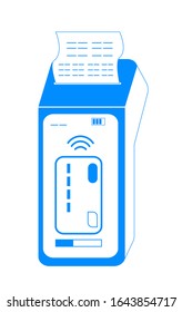 Vector de icono de terminal NFC. Pagos NFC con tarjeta de crédito bancaria. Terminal POS confirma el pago usando smartphone. Proceso sin contacto o inalámbrico de compra de bienes. Servicio bancario en línea para web, app.
