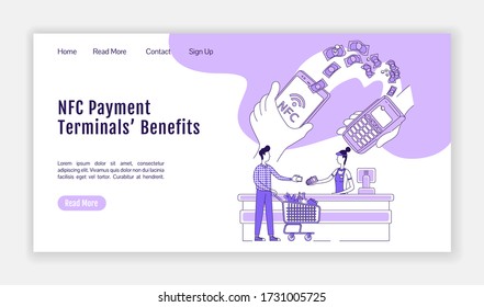 NFC terminal landing page flat silhouette vector template. Mobile pay homepage layout. Cashless system one page website interface with cartoon outline character. Money transfer web banner, webpage