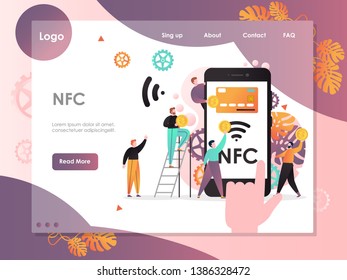 NFC vector website template, web page and landing page design for website and mobile site development. Near field communications technology, NFC-enabled mobile phones concepts.