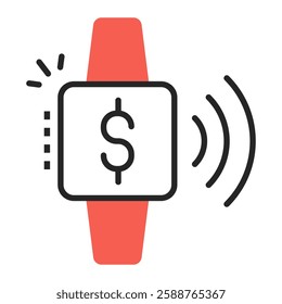 NFC Wearable Transaction, Tap Watch to Pay. Editable Stroke.