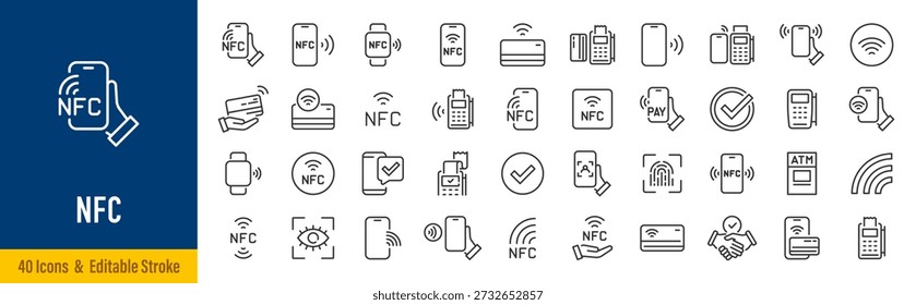Nfc web icons in line style. Wireless payment, contactless, card, pay, nfc technology, collection. Vector illustration.
