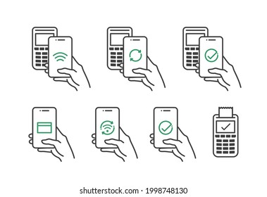 NFC wireless pay technology linear icon set. Contactless payment process symbols. Hand holding smartphone next to the POS terminal. Isolated vector line illustrations on white background, EPS10