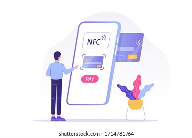 NFC wireless payment technology concept. Young man using NFC to make payment. Mobile phone contactless payment. Online transaction. Internet banking with smartphone. Vector isolated illustration