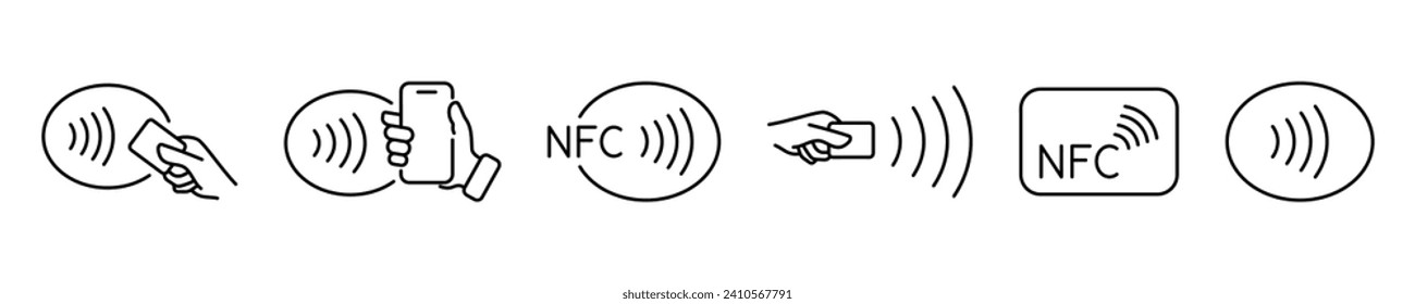 NFC wireless payment technology icons. Contactless NFC payment. NFC payment with smartphone. Contact less. NFC payment with mobile phone. Credit card. Contactless wireless pay, tap pay wave sign