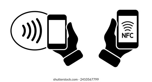 NFC wireless payment technology icons. Contactless NFC payment. NFC payment with smartphone. Contact less. NFC payment with mobile phone. Credit card. Contactless wireless pay, tap pay wave sign