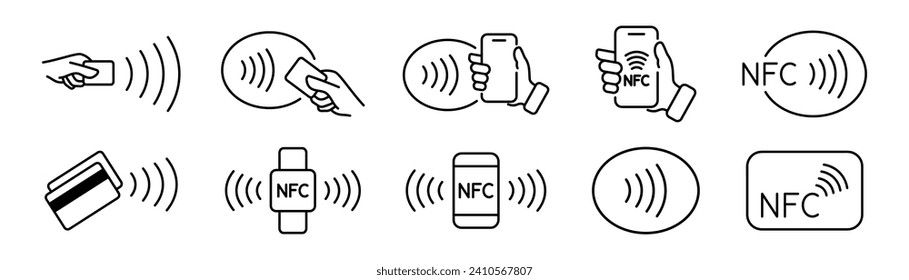 Symbole der NFC-Wireless-Zahlungstechnologie. kontaktlose NFC-Zahlung. NFC-Zahlung mit Smartphone. Kontaktieren Sie weniger. NFC-Zahlung mit Mobiltelefon. Kreditkarte. kontaktloses kabelloses Bezahlen, Tippen Sie auf Wellenzeichen