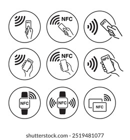 Conjunto de iconos de Tecnología de pago inalámbrico NFC. Tarjetas RFID, control de acceso, transacciones sin contacto, teléfonos inteligentes, relojes inteligentes y soluciones de pago móvil. Vector.