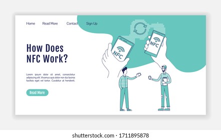 NFC work principle landing page flat silhouette vector template. Pay system homepage layout. Data transfer one page website interface with cartoon outline character. Mobile app web banner, webpage
