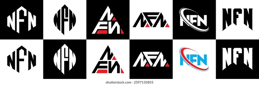 NFN letter logo design in six style. NFN polygon, circle, triangle, hexagon, flat and simple style with black and white color variation letter logo set in one artboard. NFN minimalist and classic logo