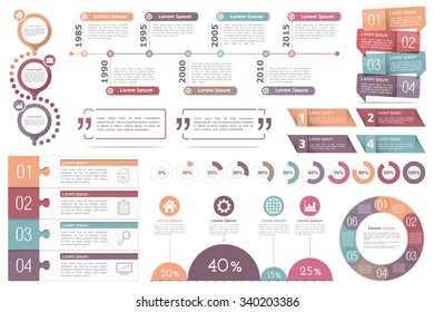 nfographic elements set - circle diagram, timeline, progress indicators, diagram with percents, design templates with numbers (steps or options) and text, quote frames or text boxes, vector eps10