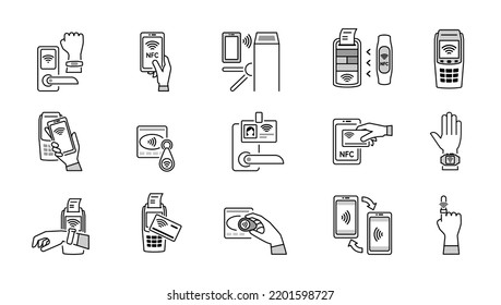 nfs icons. distantion payments systems digital gadhets smartphones and terminals wallets. Vector linear set