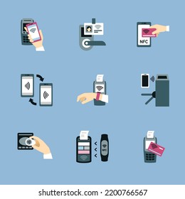 nfs icons. hands making cards payment with nfs smart technology contactless devices for terminal wallet. Vector colored flat pictures