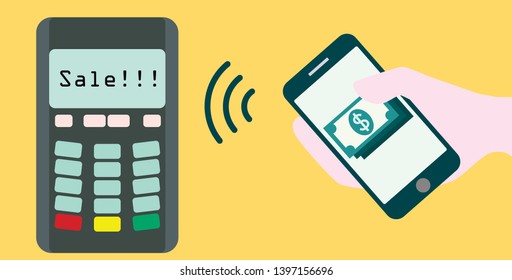 NFS payment via phone with credit card on payment card POS terminal. Payment by phone.