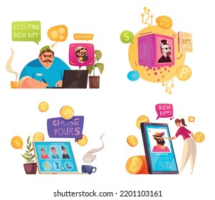NFT 2x2 compositions with people creating new items putting up for sale and buying tokens flat vector illustration