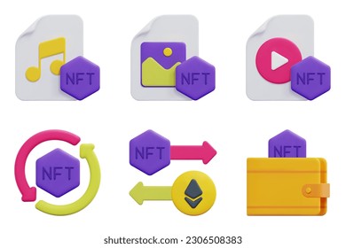 Nft 3d vector icon set. Music, photo, trade, transfer, video, wallet. Isolated on white background. 3d icon vector render illustration.