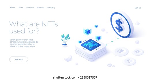 NFT abstract concept illustration in isometric design. Non-fungible token blockchain or marketplace. Futuristic crypto art technology web banner layout.