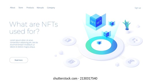 NFT abstract concept illustration in isometric design. Non-fungible token blockchain or marketplace. Futuristic crypto art technology web banner layout.