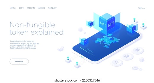 NFT abstract concept illustration in isometric design. Non-fungible token blockchain or marketplace. Futuristic crypto art technology web banner layout.