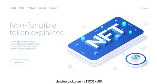 NFT abstract concept illustration in isometric design. Non-fungible token blockchain or marketplace. Futuristic crypto art technology web banner layout.