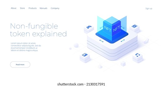 NFT abstract concept illustration in isometric design. Non-fungible token blockchain or marketplace. Futuristic crypto art technology web banner layout.