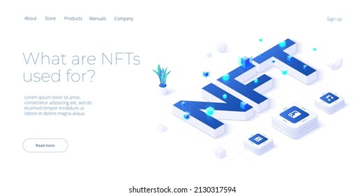 NFT abstract concept illustration in isometric design. Non-fungible token blockchain or marketplace. Futuristic crypto art technology web banner layout.