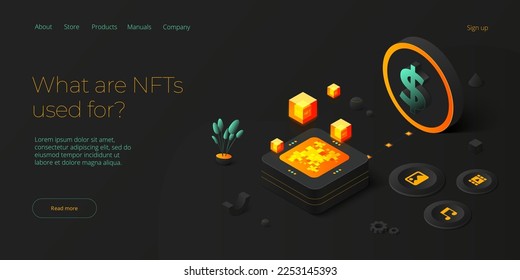 NFT abstract concept illustration in isometric design. Non-fungible token blockchain or marketplace. Futuristic crypto art technology web banner layout.