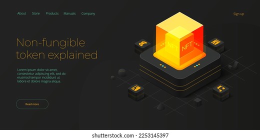 Ilustración de concepto abstracto de NFT en diseño isométrico. Bloqueador de tokens no fungible o mercado. Diseño de banner web de tecnología criptográfica futurista.