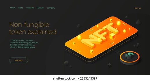 NFT abstract concept illustration in isometric design. Non-fungible token blockchain or marketplace. Futuristic crypto art technology web banner layout.