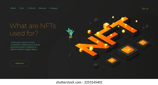 NFT abstract concept illustration in isometric design. Non-fungible token blockchain or marketplace. Futuristic crypto art technology web banner layout.