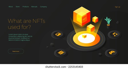 NFT abstract concept illustration in isometric design. Non-fungible token blockchain or marketplace. Futuristic crypto art technology web banner layout.