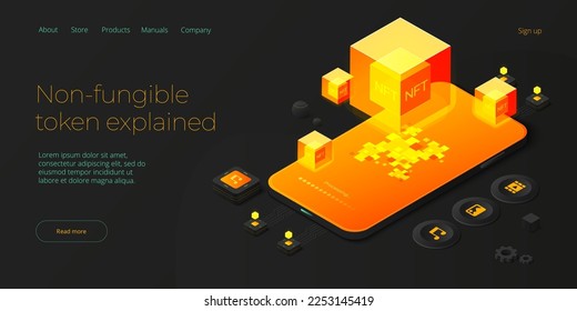 NFT abstract concept illustration in isometric design. Non-fungible token blockchain or marketplace. Futuristic crypto art technology web banner layout.