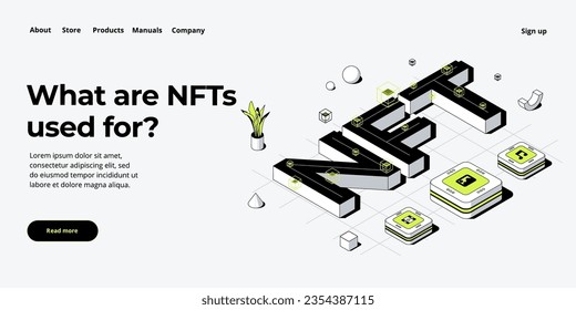 Ilustración de concepto abstracto de NFT en diseño isométrico. Bloqueador de tokens no fungible o mercado. Diseño de banner web de tecnología criptográfica futurista.