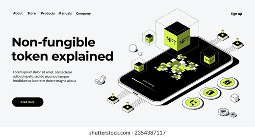 NFT abstract concept illustration in isometric design. Non-fungible token blockchain or marketplace. Futuristic crypto art technology web banner layout.