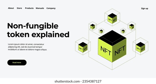 NFT abstract concept illustration in isometric design. Non-fungible token blockchain or marketplace. Futuristic crypto art technology web banner layout.