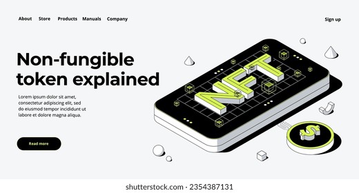 NFT abstrakte Concept Illustration in isometrischem Design. Nicht fungible Token Blockchain oder Marktplatz. Futuristische kryptografische Technologie Web-Banner-Layout.