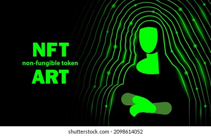 NFT art banner with Mona Lisa. Abstract neon digital art with Mona Lisa outline silhouette.